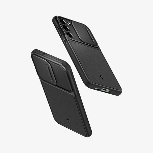 ACS05639 - Galaxy S23 Ultra Case Optik Armor in black showing the back with lens protector slot open
